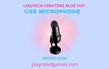 Logitech Blue Yeti USB Microphone in silver with desktop stand and USB cable