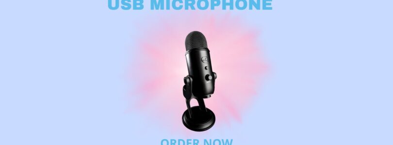 Logitech Blue Yeti USB Microphone in silver with desktop stand and USB cable