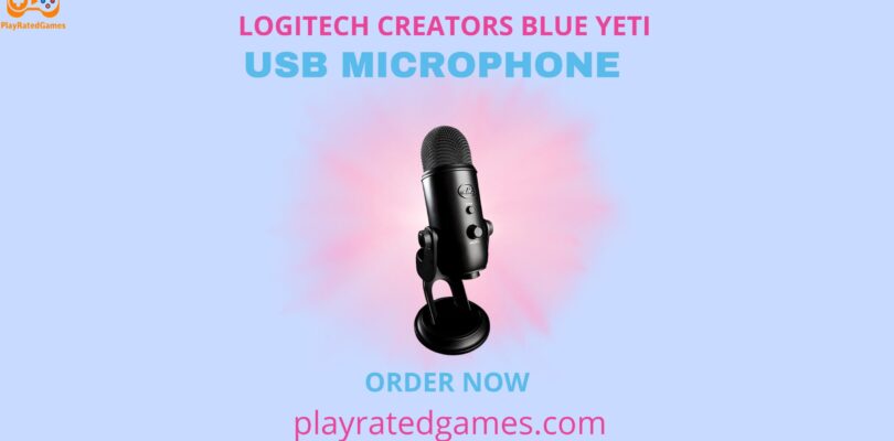 Logitech Blue Yeti USB Microphone in silver with desktop stand and USB cable