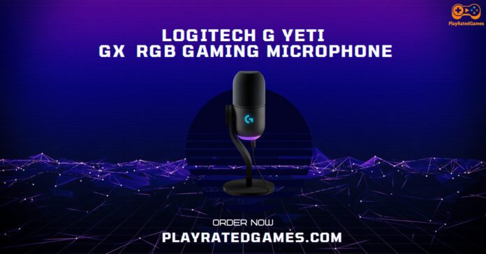 Logitech G Yeti GX Dynamic RGB Gaming Microphone in black with RGB lighting on desk stand