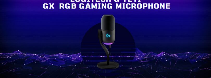 Logitech G Yeti GX Dynamic RGB Gaming Microphone in black with RGB lighting on desk stand