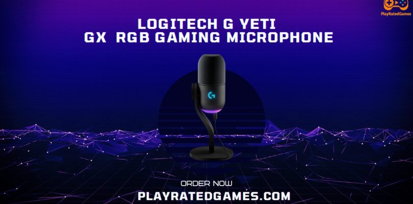 Logitech G Yeti GX Dynamic RGB Gaming Microphone in black with RGB lighting on desk stand