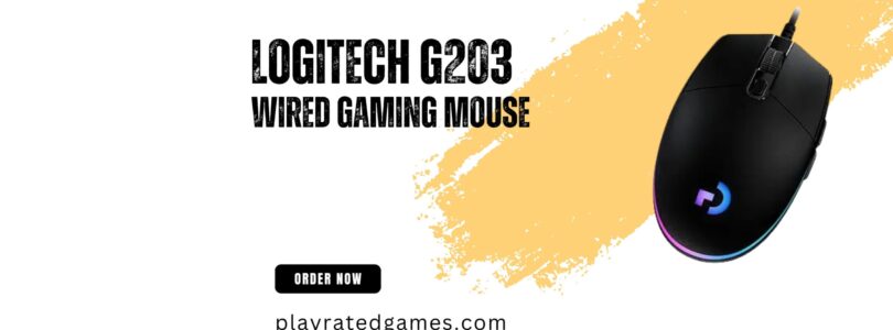 Logitech G203 wired gaming mouse in black with RGB lighting and six programmable buttons