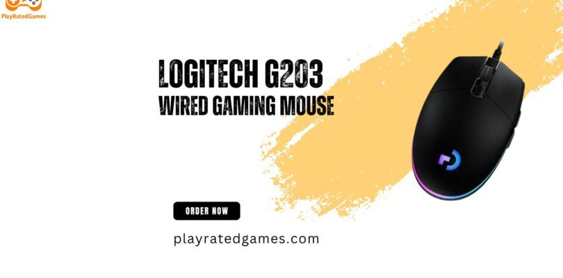 Logitech G203 wired gaming mouse in black with RGB lighting and six programmable buttons