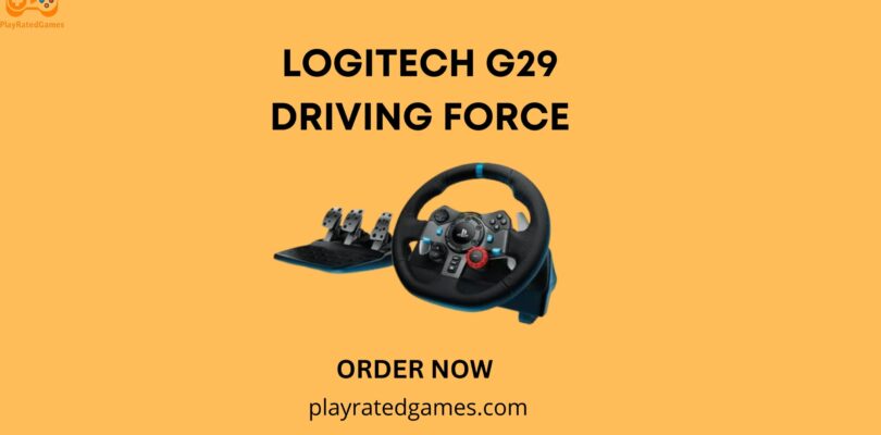 Logitech G29 Driving Force Racing Wheel and Floor Pedals in black with leather steering wheel cover and stainless steel paddle shifters