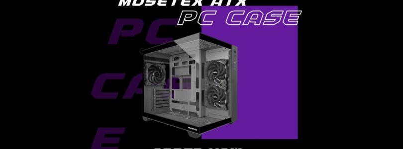 MUSETEX Y6 Mid Tower ATX PC Case with 270-degree tempered glass panels and three pre-installed 120mm fans in black matte finish