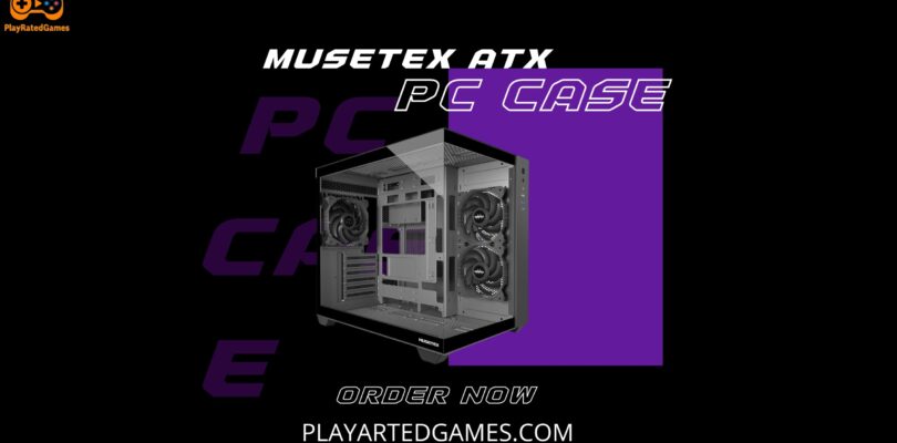 MUSETEX Y6 Mid Tower ATX PC Case with 270-degree tempered glass panels and three pre-installed 120mm fans in black matte finish