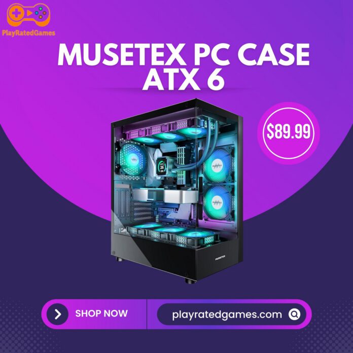 MUSETEX K2 ATX Mid-Tower Gaming PC Case with Dual Tempered Glass and 6 ARGB Fans