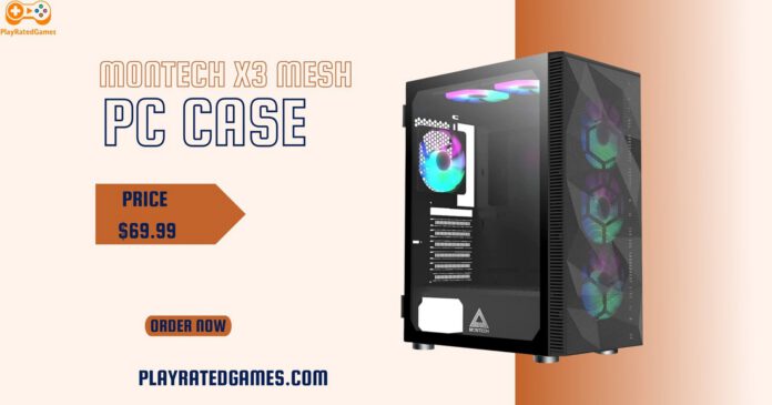 Montech X3 Mesh Black ATX mid-tower gaming PC case with six fixed RGB fans and tempered glass side panel