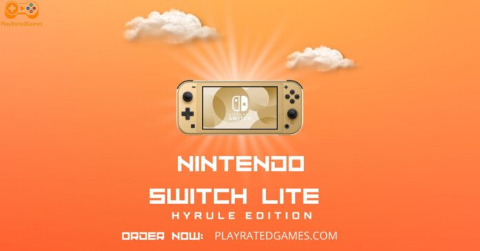 Nintendo Switch Lite Hyrule Edition handheld gaming console in gold color with Hyrule design