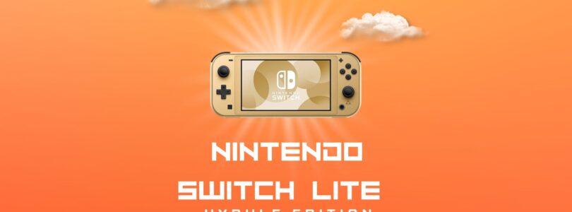 Nintendo Switch Lite Hyrule Edition handheld gaming console in gold color with Hyrule design