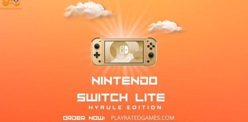 Nintendo Switch Lite Hyrule Edition handheld gaming console in gold color with Hyrule design