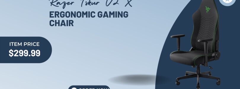 Razer Iskur V2 X ergonomic gaming chair in black with built-in lumbar support and fabric finish