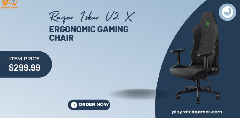 Razer Iskur V2 X ergonomic gaming chair in black with built-in lumbar support and fabric finish