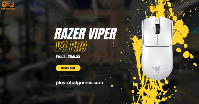 Razer Viper V3 Pro wireless gaming mouse in white with RGB lighting and lightweight symmetrical design