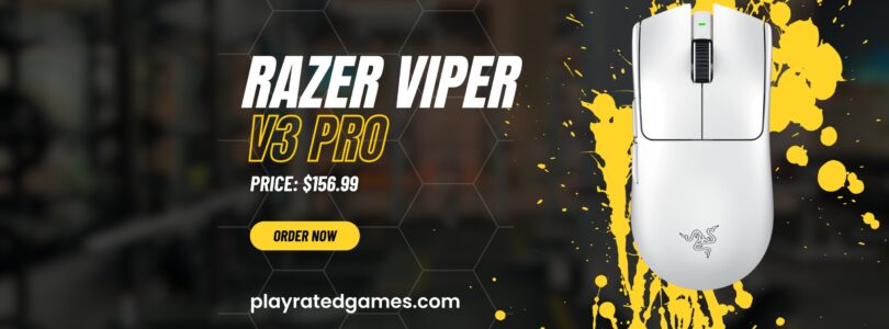Razer Viper V3 Pro wireless gaming mouse in white with RGB lighting and lightweight symmetrical design