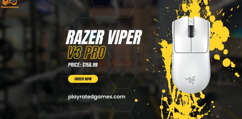 Razer Viper V3 Pro wireless gaming mouse in white with RGB lighting and lightweight symmetrical design