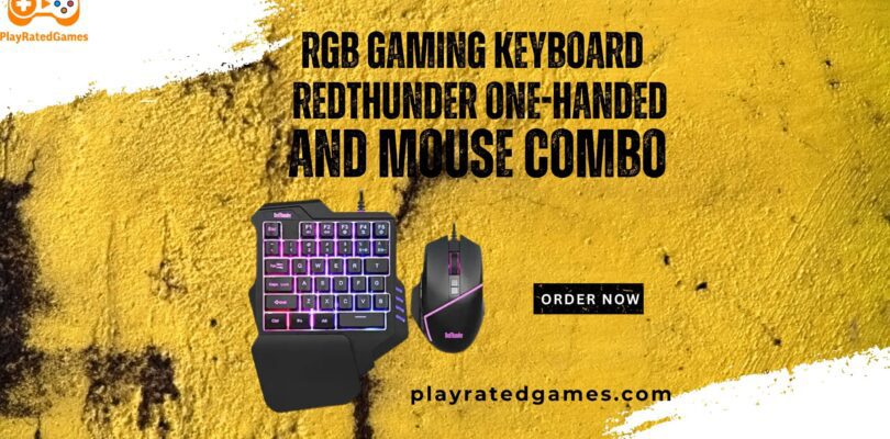RedThunder One-Handed RGB Gaming Keyboard and Mouse Combo with RGB backlit keys and ergonomic mouse on a black background