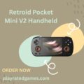 Retroid Pocket Mini V2 handheld gaming console in black with 3.92-inch OLED screen and built-in controls