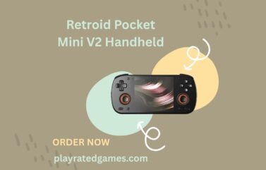 Retroid Pocket Mini V2 handheld gaming console in black with 3.92-inch OLED screen and built-in controls