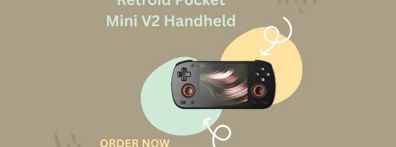 Retroid Pocket Mini V2 handheld gaming console in black with 3.92-inch OLED screen and built-in controls
