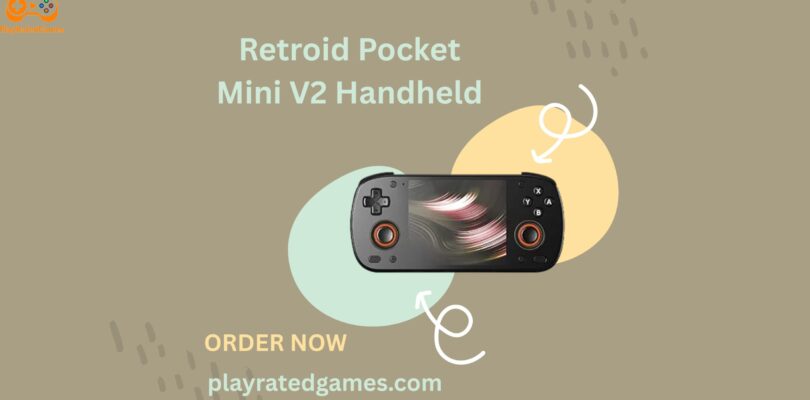 Retroid Pocket Mini V2 handheld gaming console in black with 3.92-inch OLED screen and built-in controls