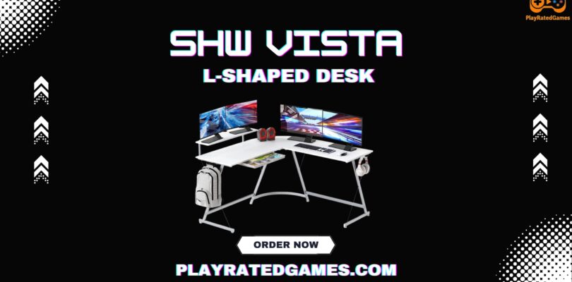 SHW 51 x 51 Inches White L-Shaped Desk with Monitor Stand and Drawer