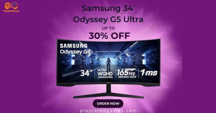Samsung Odyssey G5 34" Ultra-Wide Curved Gaming Monitor Samsung 34-inch Odyssey G5 Ultra-Wide Curved Gaming Monitor displaying vivid game graphics on screen