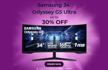 Samsung 34-inch Odyssey G5 Ultra-Wide Curved Gaming Monitor displaying vivid game graphics on screen