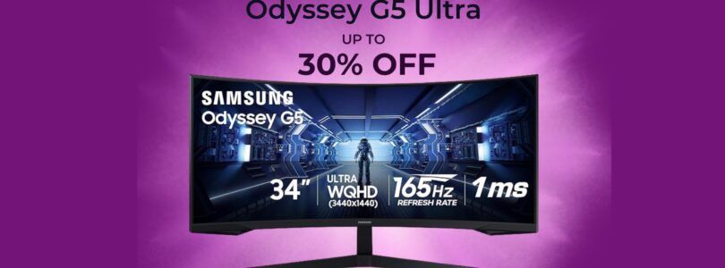 Samsung 34-inch Odyssey G5 Ultra-Wide Curved Gaming Monitor displaying vivid game graphics on screen
