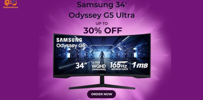 Samsung 34-inch Odyssey G5 Ultra-Wide Curved Gaming Monitor displaying vivid game graphics on screen