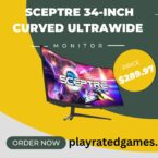 Sceptre 34-Inch Curved Ultrawide WQHD Monitor displaying vibrant desktop screen with curved design