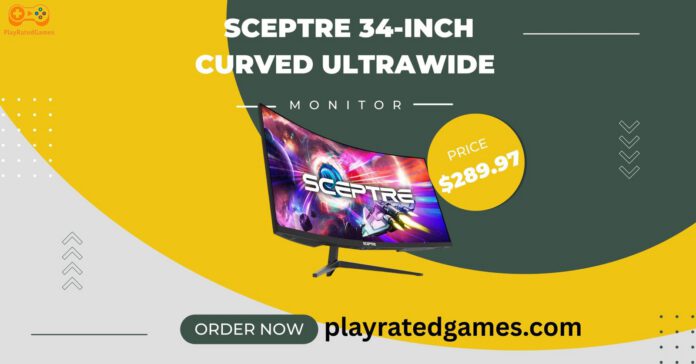 Sceptre 34-Inch Curved Ultrawide Monitor - Model C345B-QUT168 Sceptre 34-Inch Curved Ultrawide WQHD Monitor displaying vibrant desktop screen with curved design