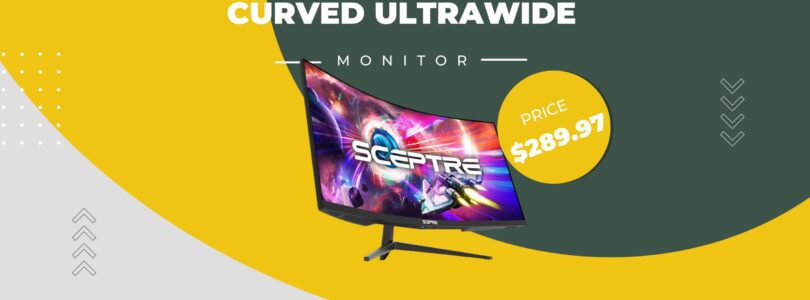 Sceptre 34-Inch Curved Ultrawide WQHD Monitor displaying vibrant desktop screen with curved design