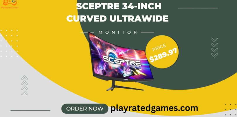 Sceptre 34-Inch Curved Ultrawide WQHD Monitor displaying vibrant desktop screen with curved design