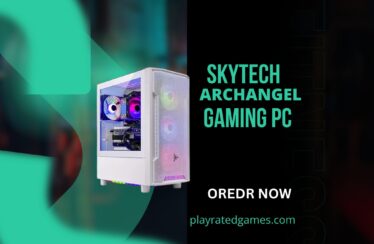 Skytech Archangel Gaming PC with white mesh case, RGB fans, and RTX 4060 GPU.