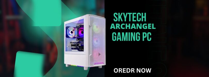 Skytech Archangel Gaming PC with white mesh case, RGB fans, and RTX 4060 GPU.