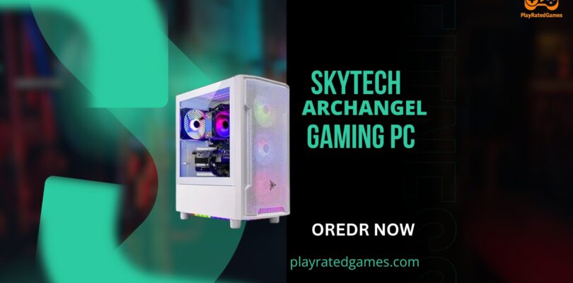 Skytech Archangel Gaming PC with white mesh case, RGB fans, and RTX 4060 GPU.