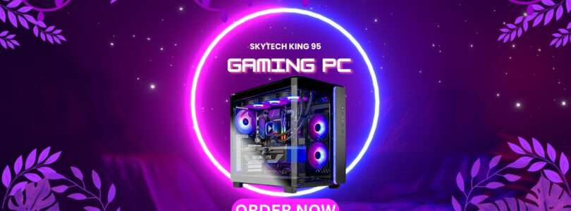 Skytech King 95 Gaming PC Desktop with Ryzen 9 9900X and NVIDIA RTX 5070 graphics card in a black case with RGB lighting