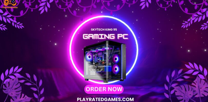 Skytech King 95 Gaming PC Desktop with Ryzen 9 9900X and NVIDIA RTX 5070 graphics card in a black case with RGB lighting