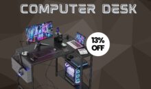 Modern black L-shaped desk with power outlets and shelves, ideal for home offices or gaming setups