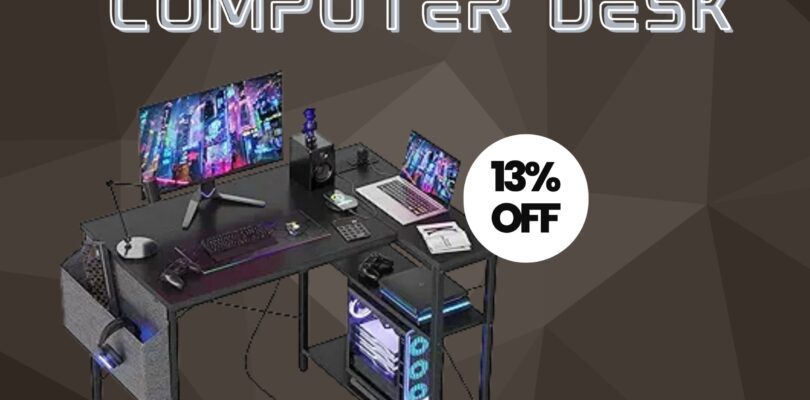 Modern black L-shaped desk with power outlets and shelves, ideal for home offices or gaming setups