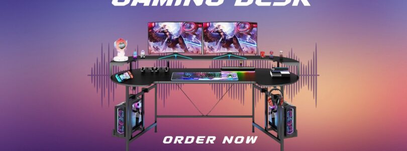 AODK 48 Inch Carbon Fiber Black Gaming Desk with LED Lights, Power Outlet, and Storage Shelves