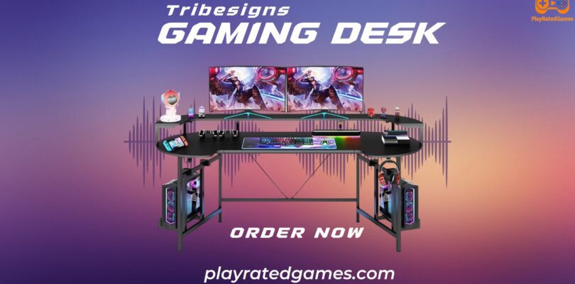 AODK 48 Inch Carbon Fiber Black Gaming Desk with LED Lights, Power Outlet, and Storage Shelves
