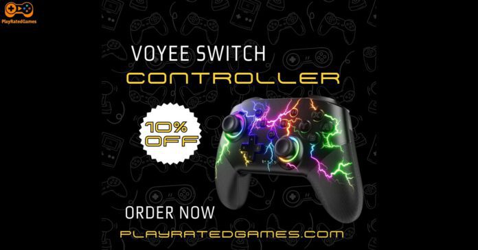 Black VOYEE wireless Switch controller with RGB LED lighting, shown with glowing lightning bolt design.