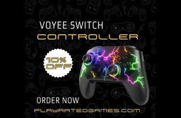 Black VOYEE wireless Switch controller with RGB LED lighting, shown with glowing lightning bolt design.