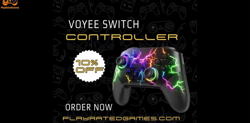 Black VOYEE wireless Switch controller with RGB LED lighting, shown with glowing lightning bolt design.