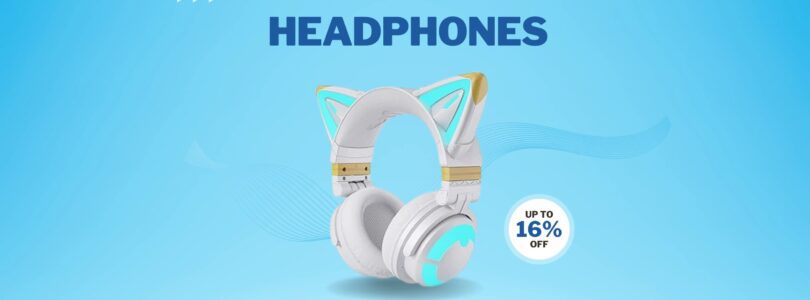 White YOWU Cat Ear Headphones with RGB Lighting on a white background