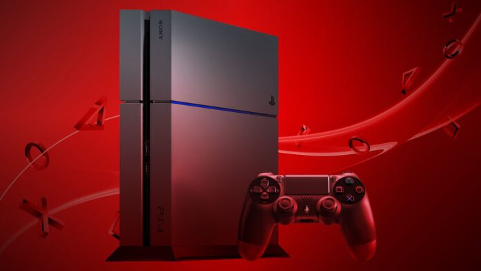 The PlayStation 4 (PS4) in an ominous, red background with its four face buttons floating around